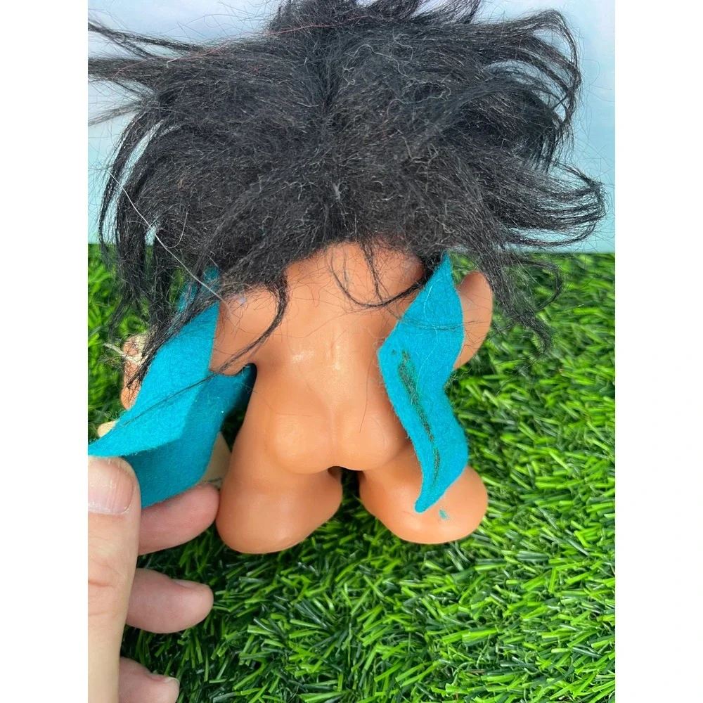 Vintage Norfin Troll Doll Thomas Dam Black Hair Amber Eyes Blue Outfit w Tag